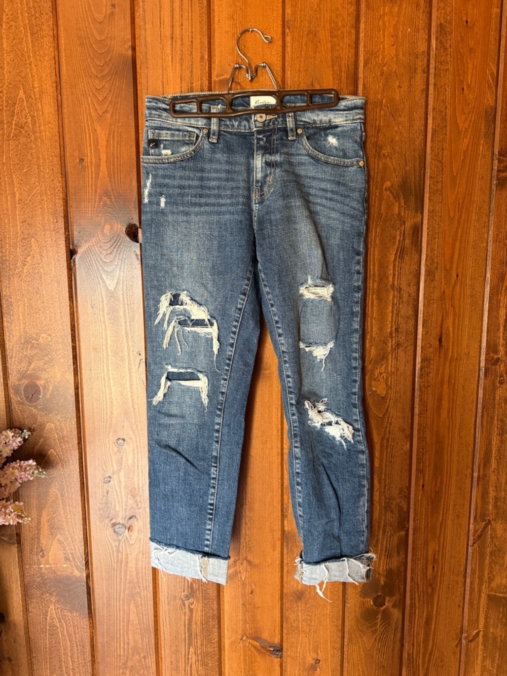 KanCan Distressed Medium Blue Boyfriend Jeans with Rolled Cuffs